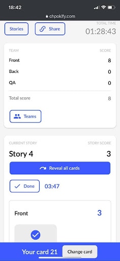 Planning poker on mobile screen showing team results from estimating a story
