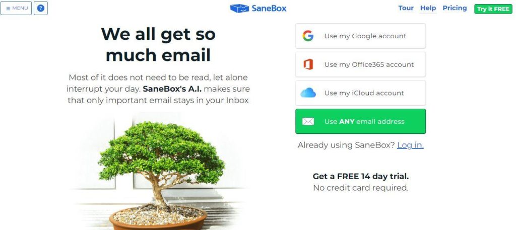 SaneBox home page