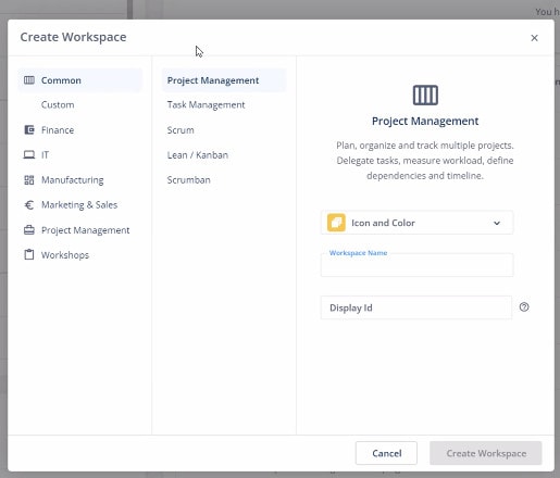 Screenshot of workspace options menu in Teamhood.
