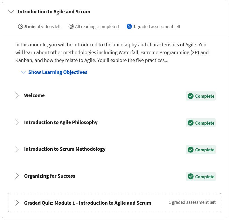 Screenshot of agile module content showing course materials completed