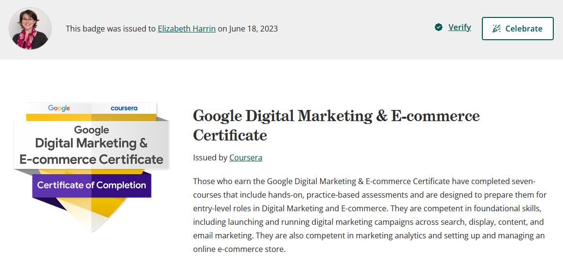 Credly digital badge for Google Digital Marketing and e-commerce certificate